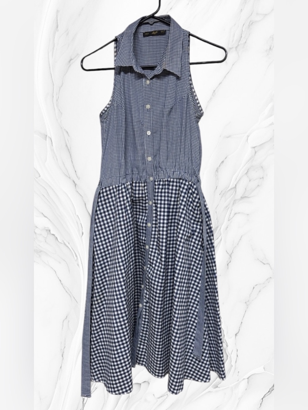 Bebe plus Navy Gingham Button-Front shirt Dress belted sleeveless size small